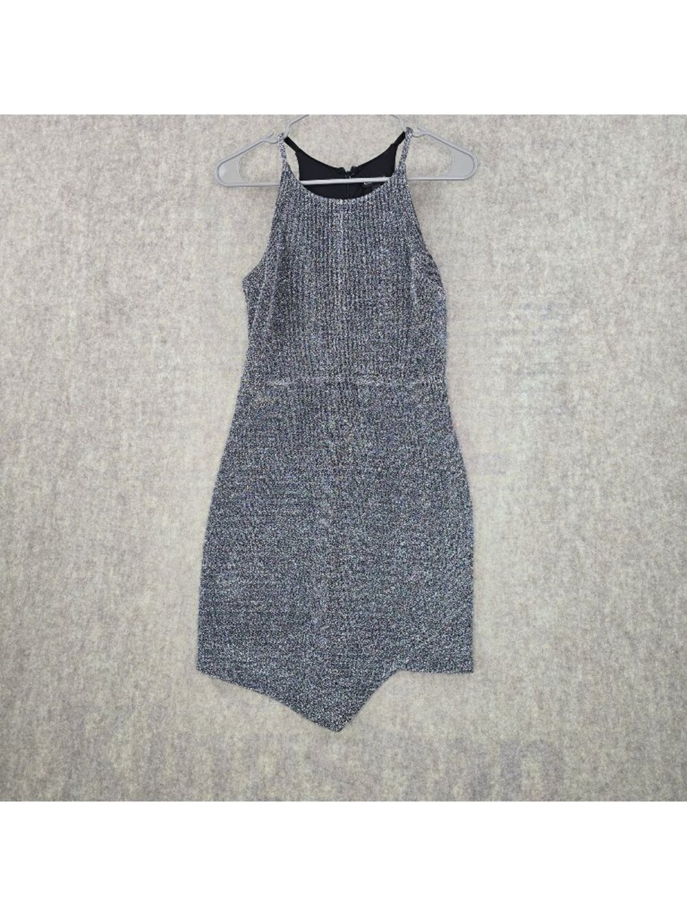 Express Womens Asymmetrical Hem Metallic Mini Dress Silver Black Size 4 Party